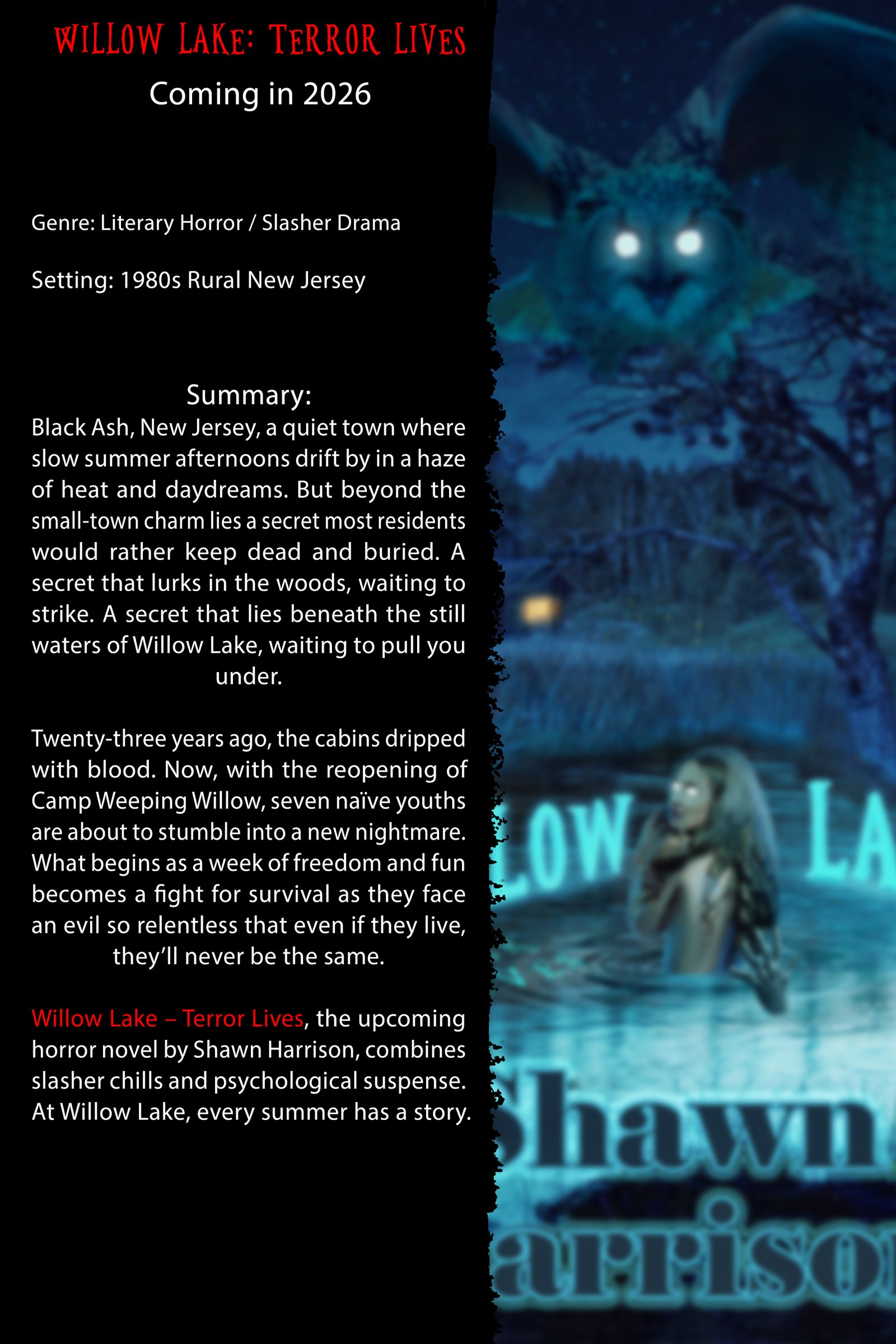 Promotional one-sheet for Willow Lake: Terror Lives with synopsis artwork